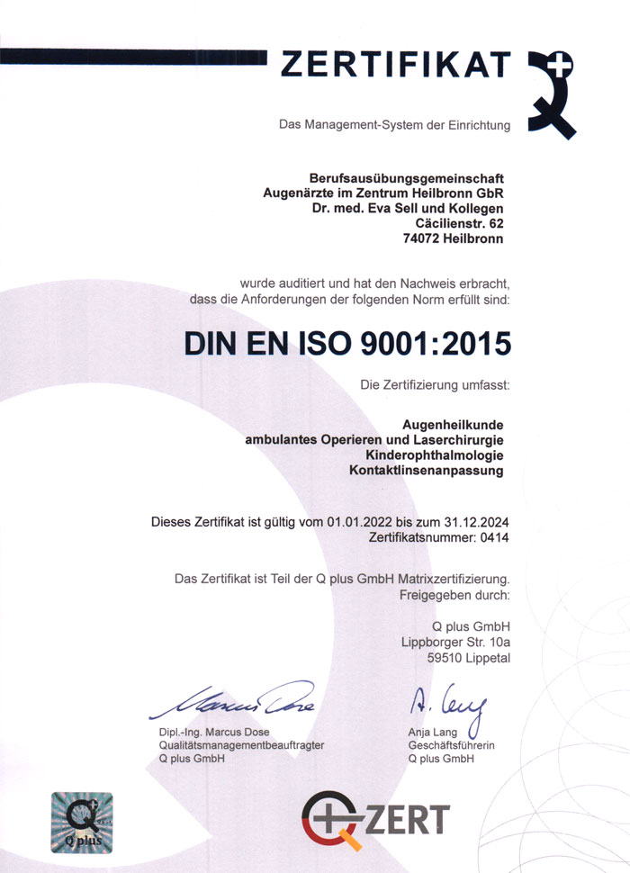 Augenärzte im Zentrum Heilbronn - Zertifikat DIN EN ISO 9001:2015